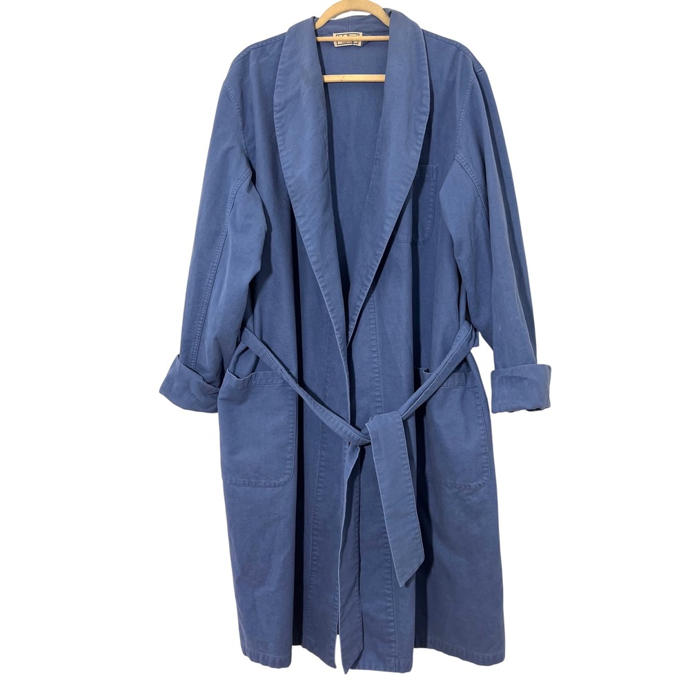 Vintage LL Bean Flannel Robe Mens One Size Blue Shawl Collar Cotton Loungewear